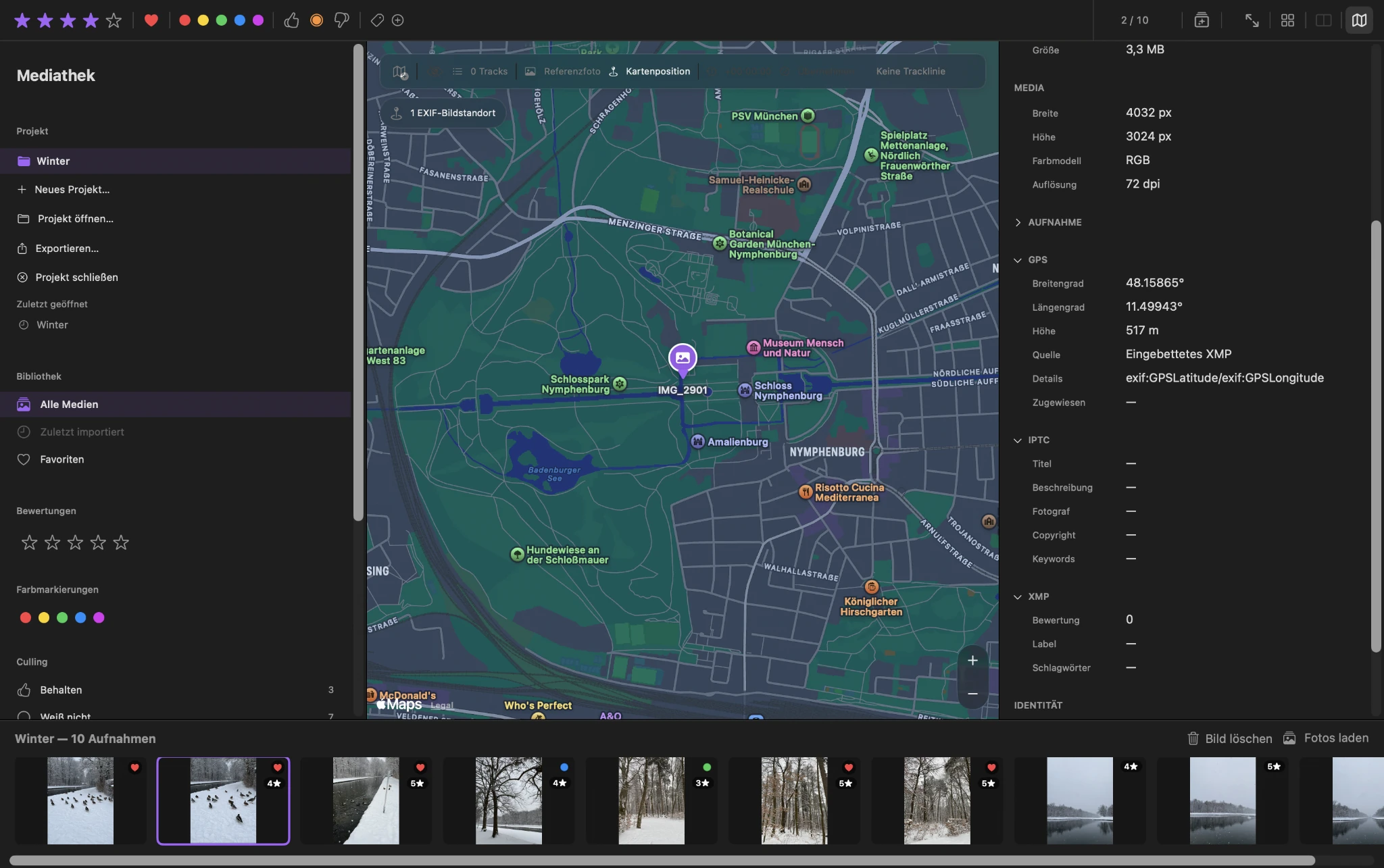 ViolaScope map workspace showing a photo location and metadata