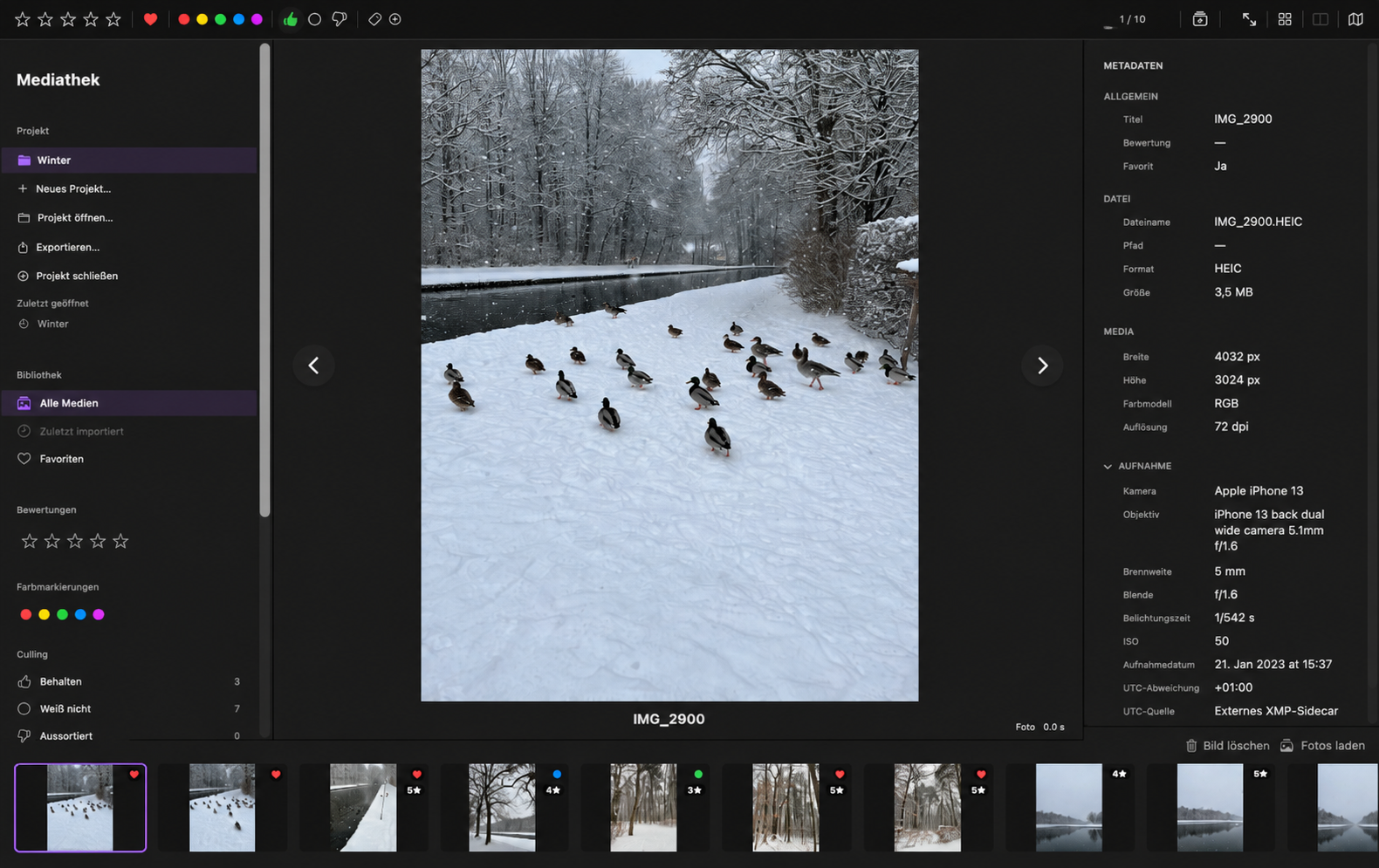 ViolaScope showing a photo review workflow with sidebar, image preview, metadata inspector and filmstrip